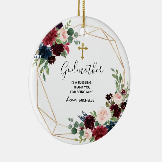 ジオメトリックなネイビーブルゴーニュフローラゴッドマザー記念 セラミックオーナメント (右)
