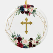 ジオメトリックなネイビーブルゴーニュフローラゴッドマザー記念 セラミックオーナメント (裏面)