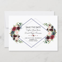 ジオメトリックなメリロット ネイビーブルー フラワーのSave The Date セーブザデート