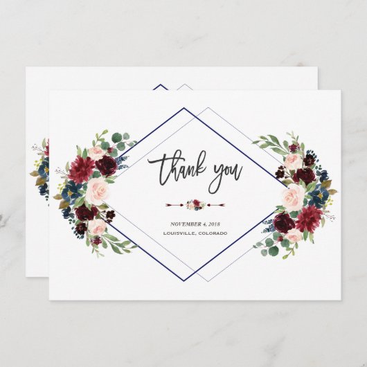 ジオメトリックなワインレッドとネイビーの花束の結婚式のお礼カード サンキューカード (正面/裏面)