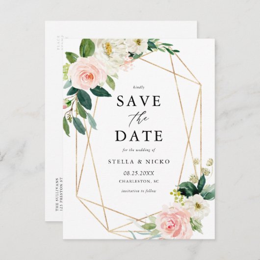 ジオメトリックな水の色の春開花日付の保存 案内ポストカード (正面/裏面)