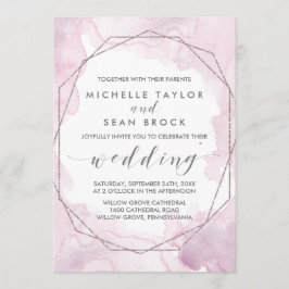 ジオメトリックな水色 |ピンクとバラの金ゴールド結婚の 招待状