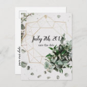 ジオメトリックな葉のSave the Date ポストカード (正面/裏面)