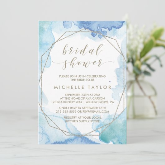 ジオメトリックウォーターのカラーブライダルシャワー 招待状 (スタンド正面)