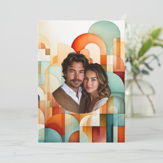 ジオメトリックオレンジブルーピーチターコイズ結婚ズ 招待状 (スタンド正面)