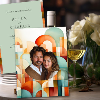 ジオメトリックオレンジブルーピーチターコイズ結婚ズ 招待状