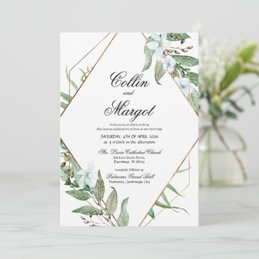 ジオメトリックグリーンウェディング招待状 案内状 (スタンド正面)