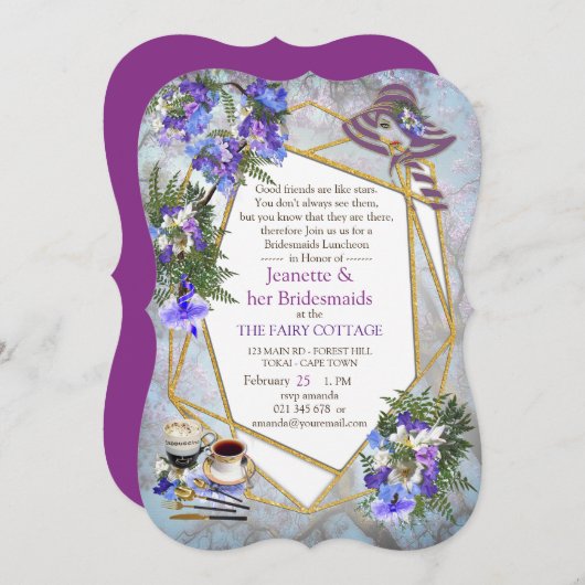 ジオメトリックジャカランダ花ブリデメイドパーティー 招待状 (正面/裏面)