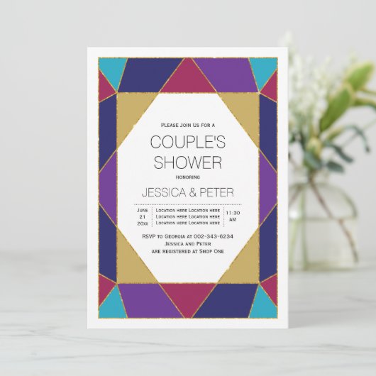 ジオメトリックジュエルブルー結婚パープルのカップルのシャワー 招待状 (スタンド正面)