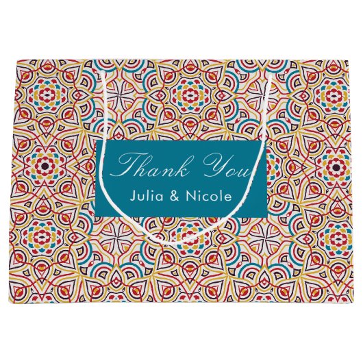 ジオメトリックスタイルのスパークル銅メタルウェディング ラージペーパーバッグ (正面)