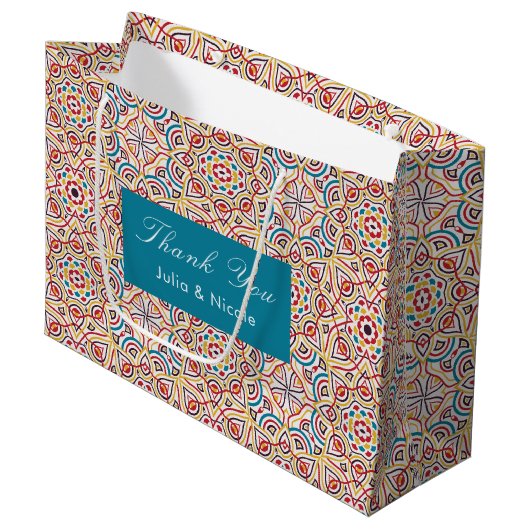 ジオメトリックスタイルのスパークル銅メタルウェディング ラージペーパーバッグ (正面アングル)