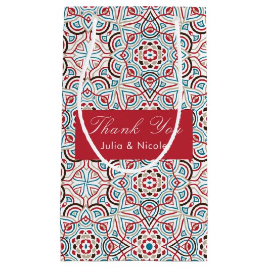 ジオメトリックスタイルのスパークル銅箔仕上げのウェディング スモールペーパーバッグ (正面)