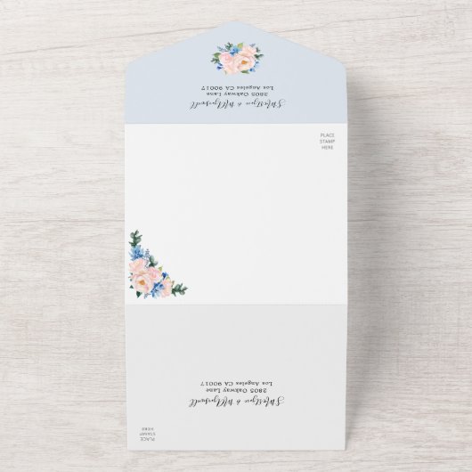 ジオメトリックダスティブルー赤面ピンク結婚フローラ オールインワン招待状 (外側)