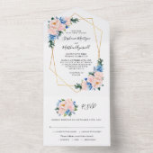 ジオメトリックダスティブルー赤面ピンク結婚フローラ オールインワン招待状 (内側)