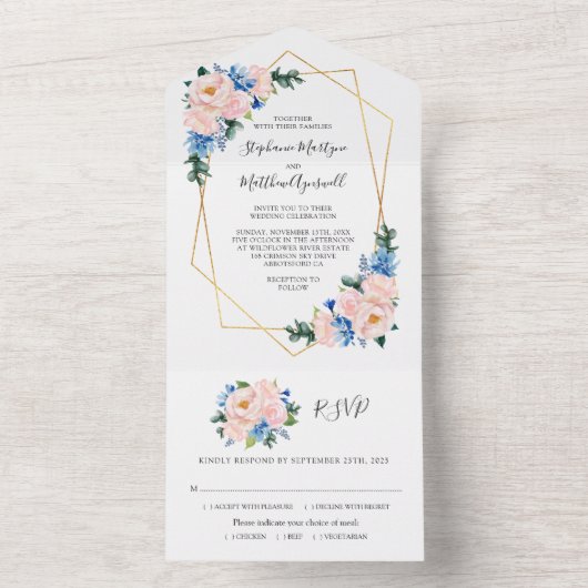 ジオメトリックダスティブルー赤面ピンク結婚フローラ オールインワン招待状 (内側)