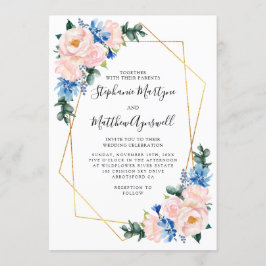 ジオメトリックダスティブルー赤面ピンク結婚フローラ 招待状