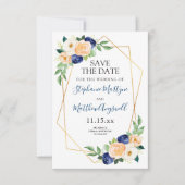 ジオメトリックネイビーブルーピーチコーラル結婚フローラ セーブザデート (正面)