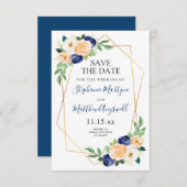 ジオメトリックネイビーブルーピーチコーラル結婚フローラ セーブザデート (正面/裏面)