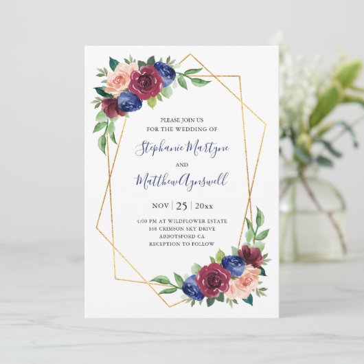 ジオメトリックネイビーブルーブルゴーニュ赤面結婚フローラ 招待状 (スタンド正面)