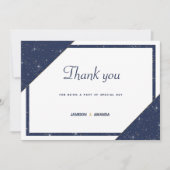 ジオメトリックネイビーブルー白金ゴールドグリッターありがとう 招待状 (正面)
