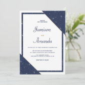 ジオメトリックネイビーブルー白金ゴールド結婚グリッター 招待状 (スタンド正面)