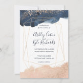 ジオメトリックネイビー、金ゴールド、赤面水色 招待状 (正面)