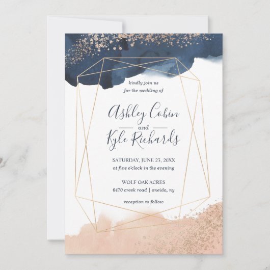 ジオメトリックネイビー、金ゴールド、赤面水色 招待状 (正面)