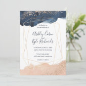 ジオメトリックネイビー、金ゴールド、赤面水色 招待状 (スタンド正面)