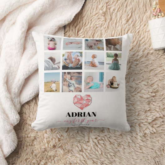 ジオメトリックハートベイビーの最初の1年フォトコラージュ クッション (ブランケット)