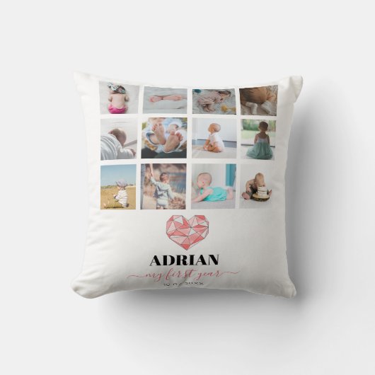 ジオメトリックハートベイビーの最初の1年フォトコラージュ クッション (正面)