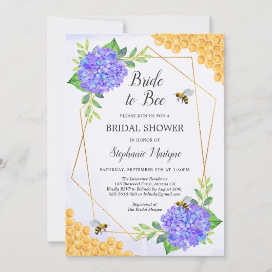 ジオメトリックパープルアジサイ蜂蜜ビーブライダルシャワー 招待状 (正面)