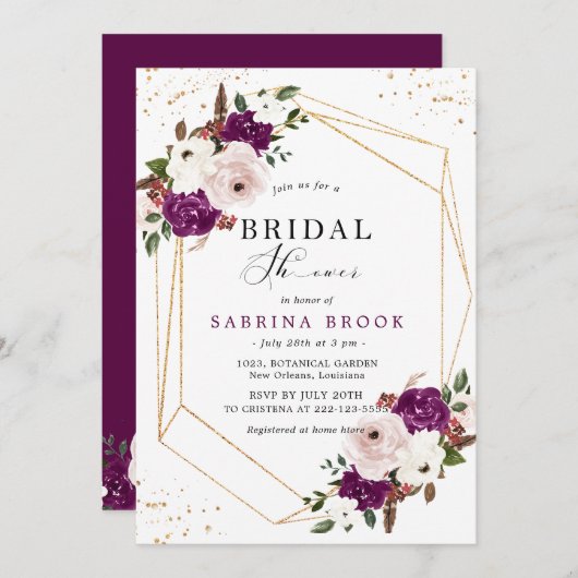 ジオメトリックパープル赤面ピンクフローラブライダルシャワー 招待状 (正面/裏面)