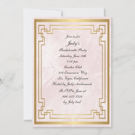 ジオメトリックピンク結婚大理石のバチェロレッテ 招待状 (正面)