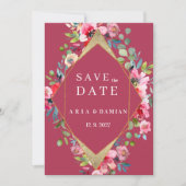 ジオメトリックブルゴーニュミント金ゴールドフローラ保存日付 招待状 (正面)