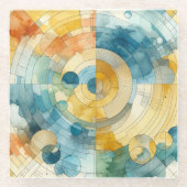 ジオメトリックブルーとイエローウォーターのカラー抽象芸術 ガラスコースター (正面)