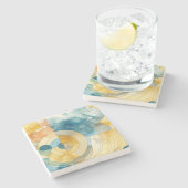ジオメトリックブルーとイエローウォーターのカラー抽象芸術 ストーンコースター (横)
