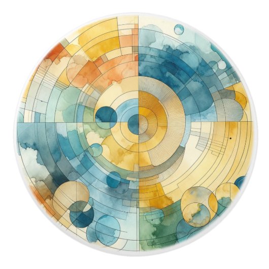 ジオメトリックブルーとイエローウォーターのカラー抽象芸術 セラミックノブ (正面)