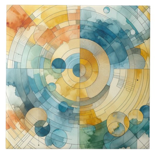 ジオメトリックブルーとイエローウォーターのカラー抽象芸術 タイル (正面)