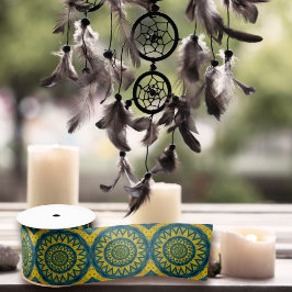 ジオメトリックブルー&イエローサンヴィンテージ部族 サテンリボン