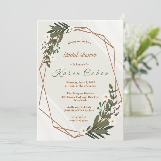 ジオメトリックホワイトフラワーズグリーンリーブライダルシャワー 招待状 (スタンド正面)