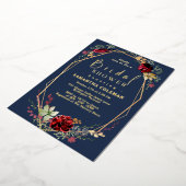 ジオメトリックボホワイルドフラワーブルーネイビーブライダルシャワー 箔招待状 (回転した状態)