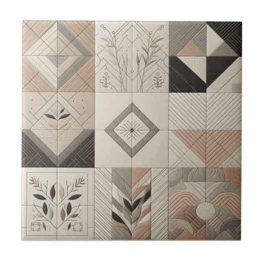 ジオメトリックヴィンテージシックOatmealソフトブラック タイル (正面)