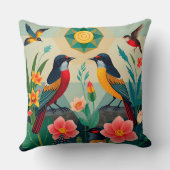 ジオメトリック要素を持つ自然シーンの鳥 クッション (裏面)