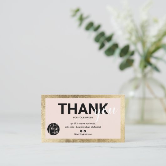 ジオメトリック金ゴールドピンクスクリプ感謝していトのロゴの順序 名刺 (スタンド正面)