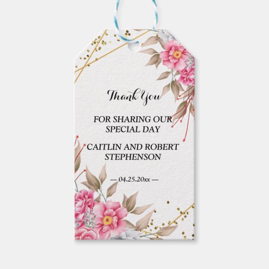 ジオメトリック金ゴールドフレームピンク感謝していフローラユー ギフトタグ (正面)