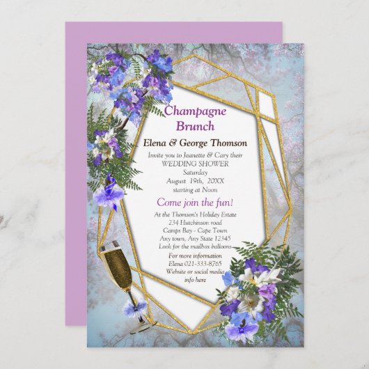 ジオメトリック金ゴールド&ジャカランダフラワーズカップルシャワー 招待状 (正面/裏面)