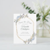 ジオメトリック ゴールド フレーム ダスティーブルー フローラルズ セーブ・ザ・デート 案内ポストカード (スタンド正面)