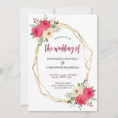 ジオメトリック バーガンディ ゴールド ウォーターカラー フローラル ウェディング 招待状 (正面)