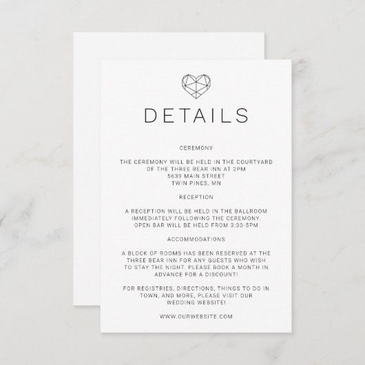 ジオメトリハートの結婚詳細招待状挿入 エンクロージャーカード (正面/裏面)