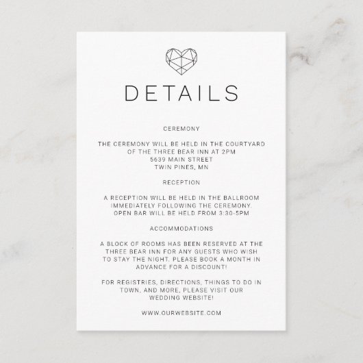 ジオメトリハートの結婚詳細招待状挿入 エンクロージャーカード (正面)